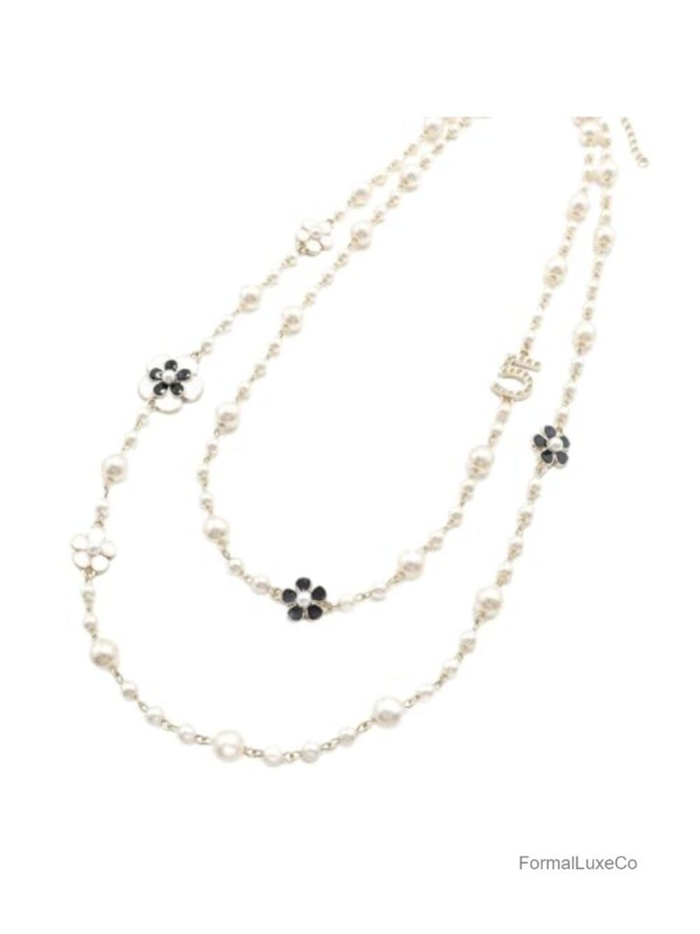 Vintage Layered Faux Pearl Necklace with Camellia Flower & Number 5 Charm